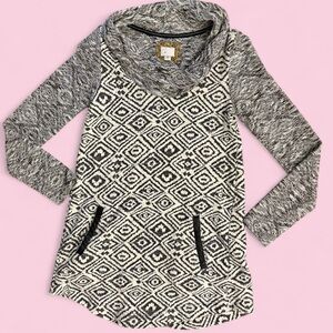 Anthropologie Konya Cowlneck Tunic Sweater Dress Black Motif Aztec Print Small